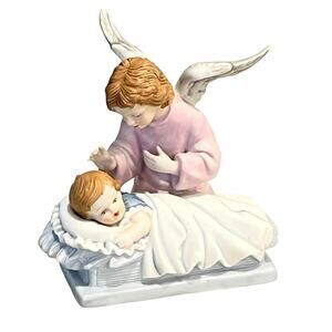 Porcelain Angel Baby Bed Figurine Pci 1991 Nursery Figure Pink Blue White Vtg
